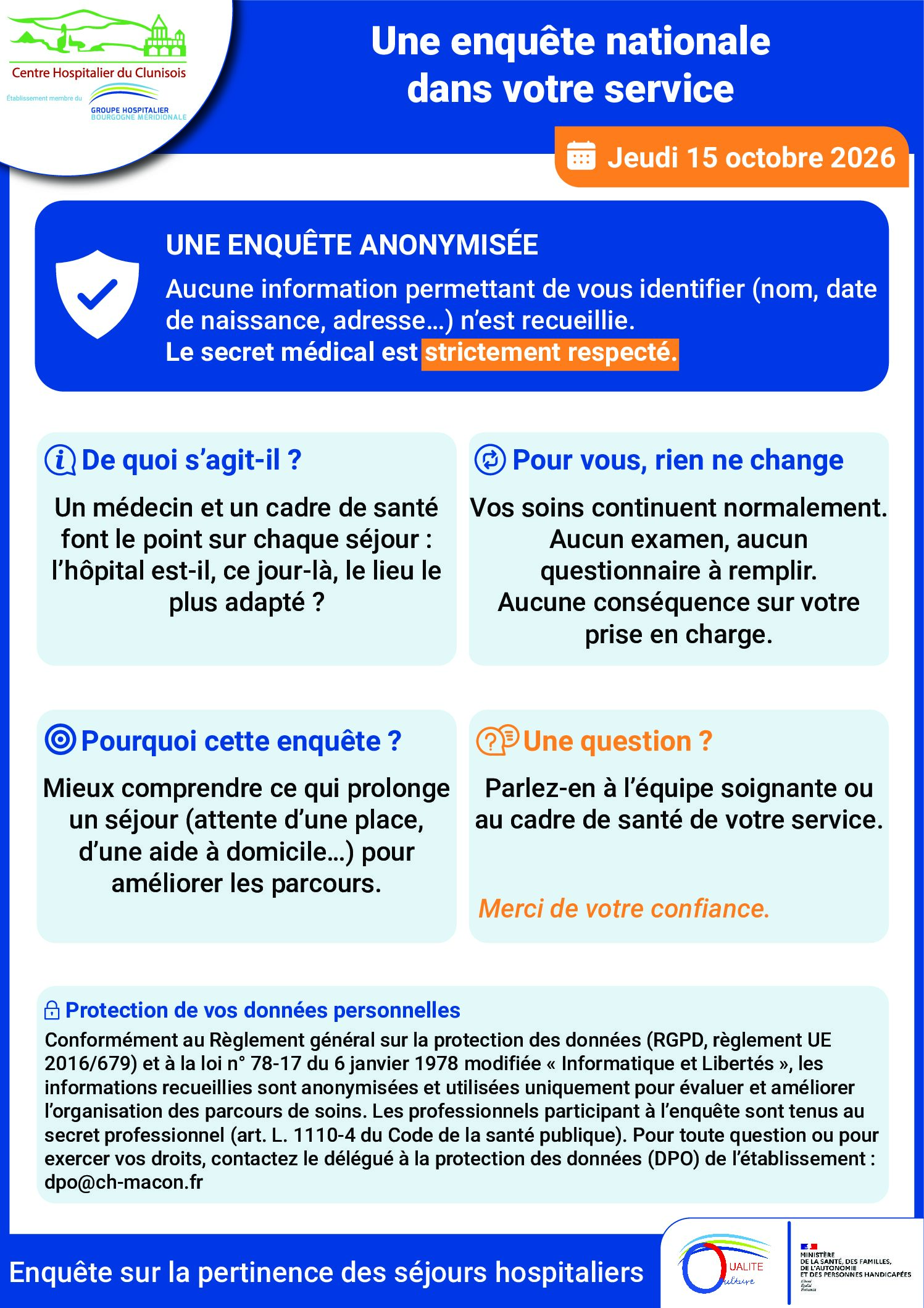 Enquête sur la pertinence des séjours en hospitalisation complète sur l’ensemble du territoire national jeudi 15 octobre 2026