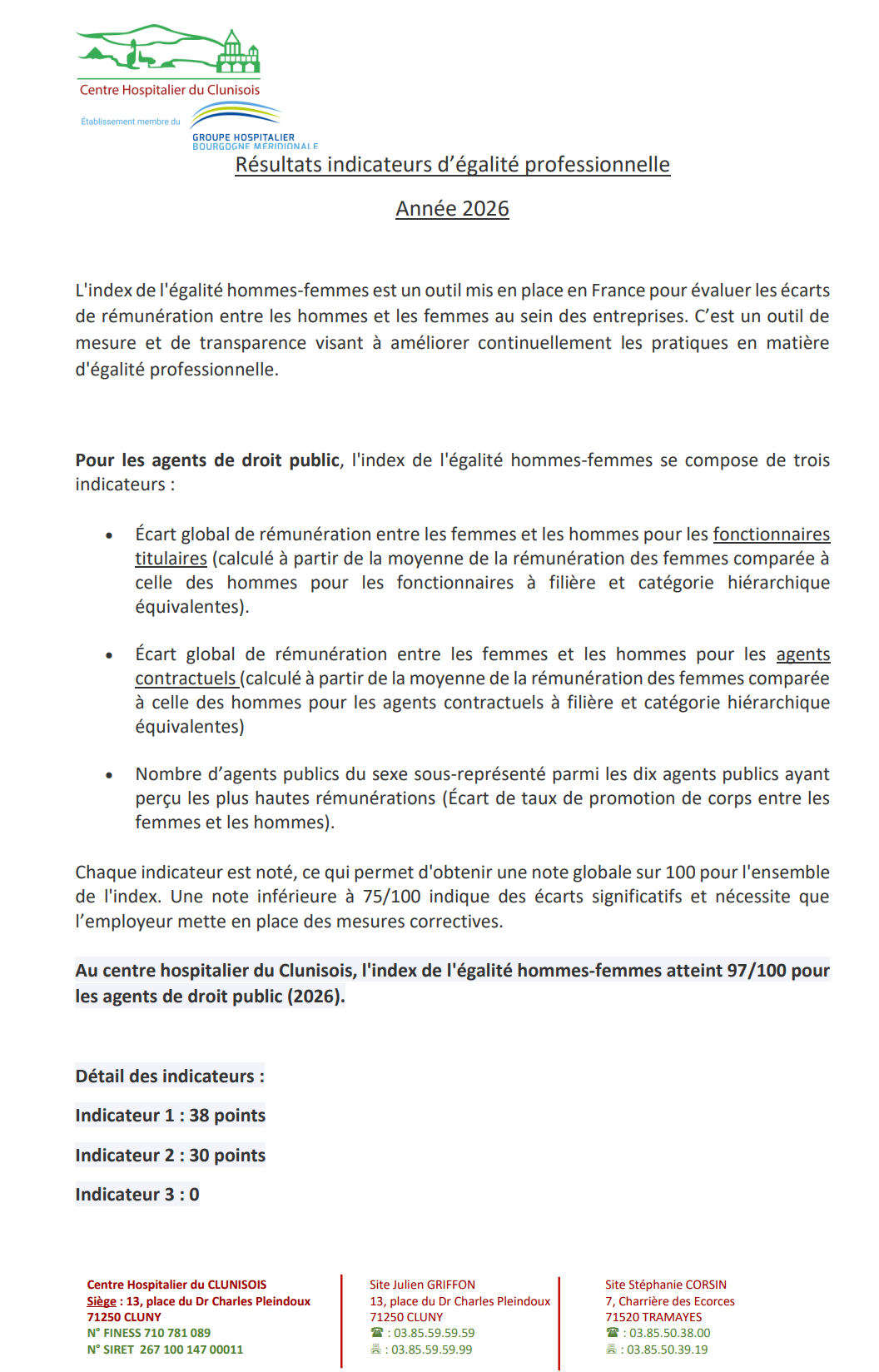 Projet d’établissement - 2024-2028 Résultats des indicateurs d'égalité professionnelle - Année 2026